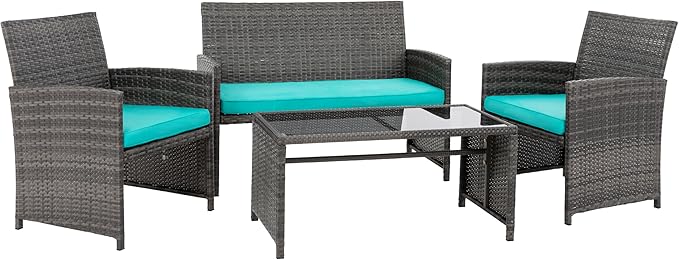 4 Piece Patio Ratten Set Outdoor Furniture Set Wicker Conversation Sets with Cushions and Tempered Glass Tabletop,Blue