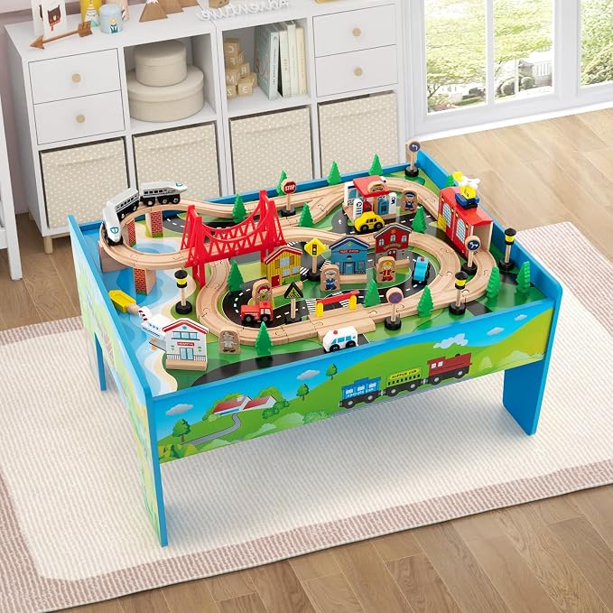 Costzon Train Table, 80 Pcs, Wooden Kids Activity Table Playset with Reversible & Detachable Tabletop, Solid Wood Tracks, Train, Railway, City, DIY Design, Gift for Boys & Girls, Multi-Color