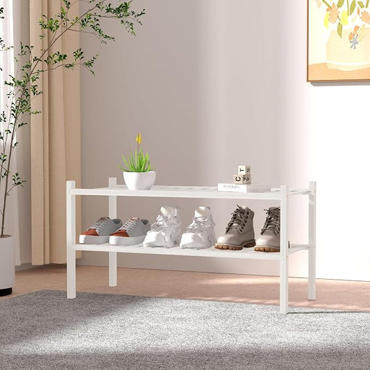 ROMGUAR CRAFT 2 Tier Bamboo Shoe Rack for Closet Free Standing Wood Shoe Shelf for Entryway Small Space Stackable 27"x11"x13" (White)