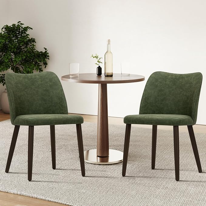 COLAMY Upholstered Dining Chairs Set of 2, Modern PU Leather Dining Room Kitchen Side Chair with Padded Seat and Wood Legs Restaurant/Cafe, Green