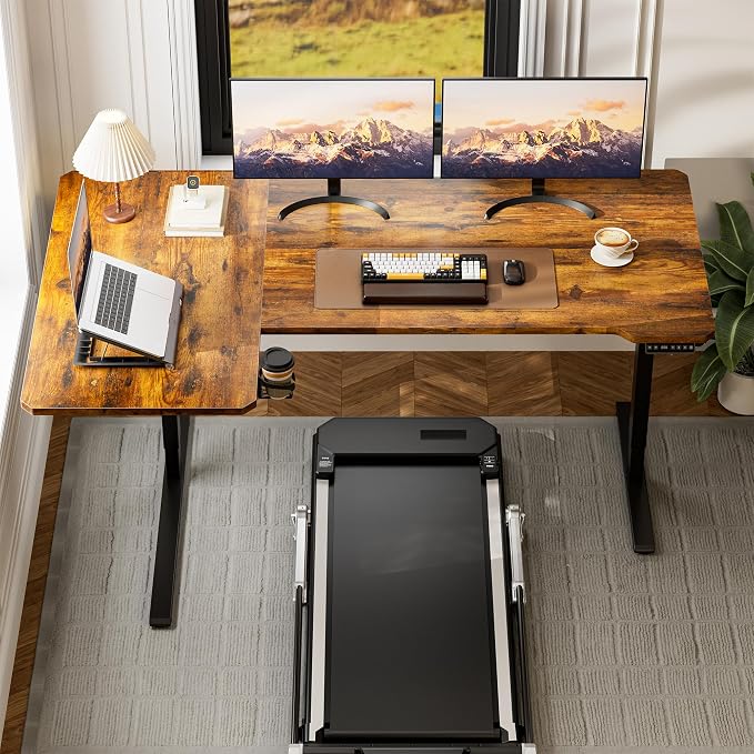 Acrolix L Shaped Electric Standing Desk - 71x43.5 Inch Reversible Corner Sit Stand Desk with Hook&Cup Holder,Electric Height Adjustable Table,for Home Office Gaming&Trading Computer Desk, Rustic Brown