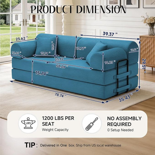 79'' Convertible Sofa Bed, 6 in 1 Folding Floor Futon Couch Sleeper with Fixed Frame, Corduroy Modular Sofa Bed with Removable Armrests & Pillows, No Assembly for Living Room Bedroom (Light Blue)