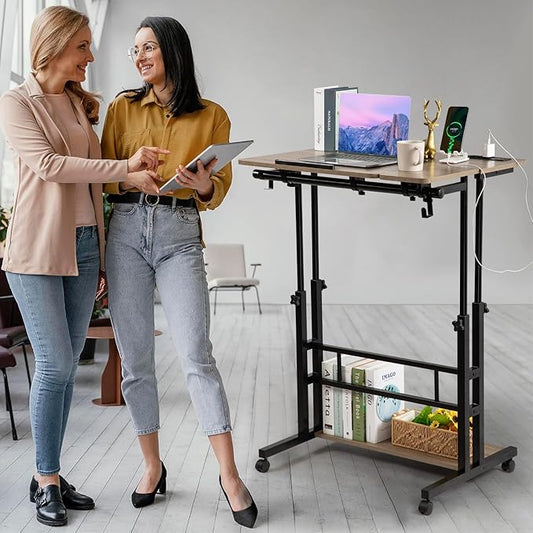 Hadulcet Rolling Stand Up Desk Adjustable Height - Portable Standing Desk with Wheels & Charging Station, Mobile Laptop Desk Small Standing Desk Drawing Table, Grey