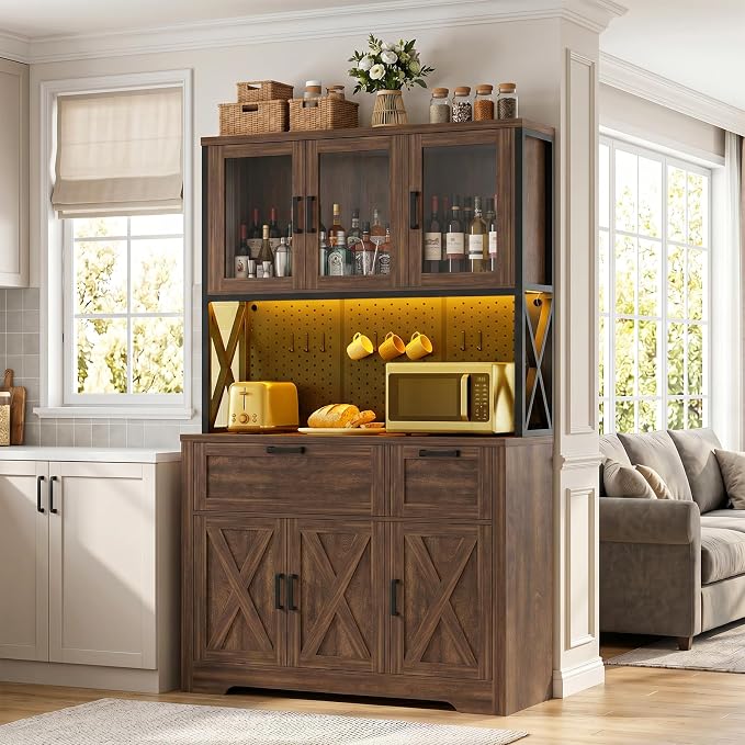 Unikito 71" Tall Pantry Cabinet, Kitchen Pantry Storage Cabinet with Charging Station & LED Lights, Large Microwave Stand Coffee Bar Hutch with Drawers & DIY Pegboard for Dining Room, Weathered Brown