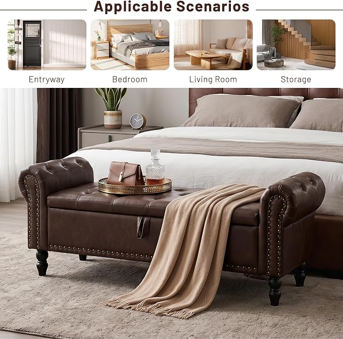 Furniliving 51” End of Bed Storage Bench, Bedroom Bench with Button-Tufted, Upholstered Storage Ottoman Benches Window Bench with Storage, Leather Bench for Living Room, Entryway, PU, BlackBrown