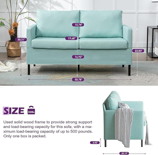 TYBOATLE 51" W Linen Fabric Upholstered Modern Loveseat Sofa Couch for Living Room, Love Seats 2-Seater Furniture w/Iron Legs for Compact Space, Apartment, Bedroom, Dorm, Office, Aqua Blue