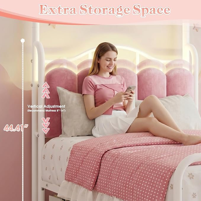 Homkdom Canopy Bed Frame Twin with Storage Drawers and LED Lights & Charging Station,Princess Velvet Upholstered Headboard,Heavy Duty 880lb,Easy Assembly,Pink