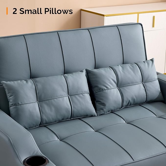 VINGLI Convertible Loveseat Sleeper Sofa, Blue Grey Faux Leather Futon Sofa Bed Pullout Couch Bed with USB Ports, Cup Holders, Armrest for Living Room, Bedroom, Home Office Apartment