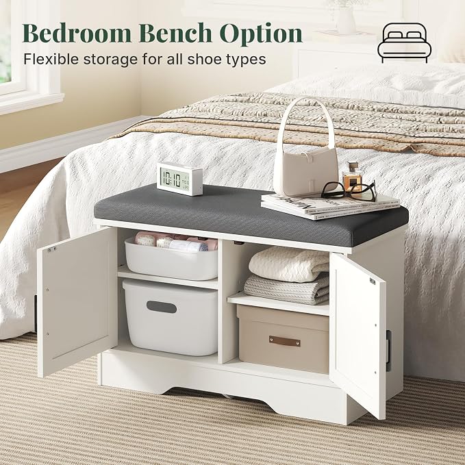 DUMOS 28 Inch Storage Bench, Shoe Organizer Cabinet with Thickened Padded Seat Cushion, Entryway Bench with 2 Doors & Adjustable Shelf for Hallway, Bedroom, Living Room, White