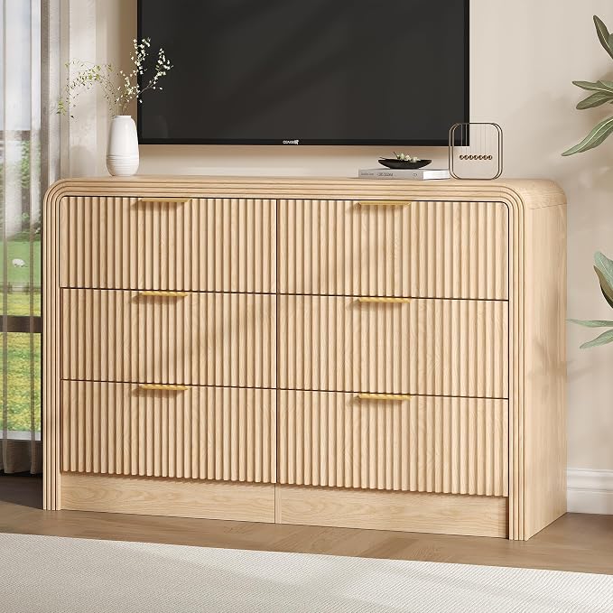 Decofy Fluted Drawers Dresser for Bedroom, Wood Dressers with Gold Handles, Modern Dressers with Wave Texture, Large Storage Chest of Drawers, Bedroom Dresser Organizer 47'' & 6 Drawers (Natural Oak)