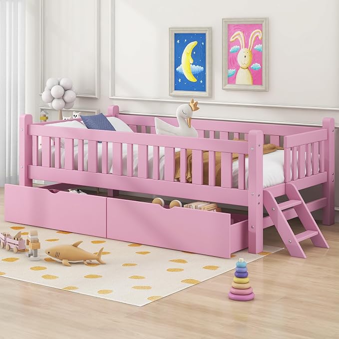 Merax Wood Twin Size Platform Bed with Guardrail and 2 Drawers, Kids Bed Frame with Stairs, Pink