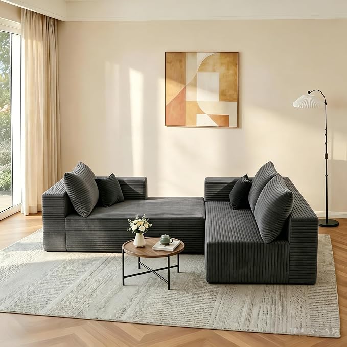 JINGLING 94" L Shape Couch with Right Chaise, Memory Foam Boneless Sectional Sofa in a Box, No Assembly Modular Small Couches for Small Spaces, Living Room, Apartments, Plush Corduroy, Dark Grey