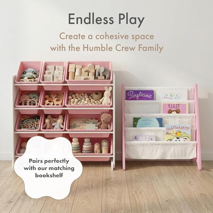 Humble Crew Toy Storage Organizer with 12 Removable Storage Bins for Kids Playroom, 4-Tier Toddler Toy Organization, White/Pink