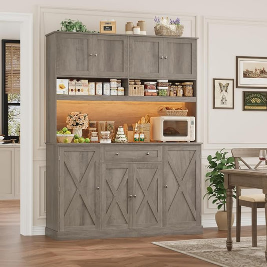 HIFIT 72.8” Tall Kitchen Pantry Cabinet with LED & Charging Station, 55” Wide Farmhouse Pantry Cabinet with Microwave Stand&Shelves&Swing-Out Door, Kitchen Hutch Coffee Bar for Living Room, Grey