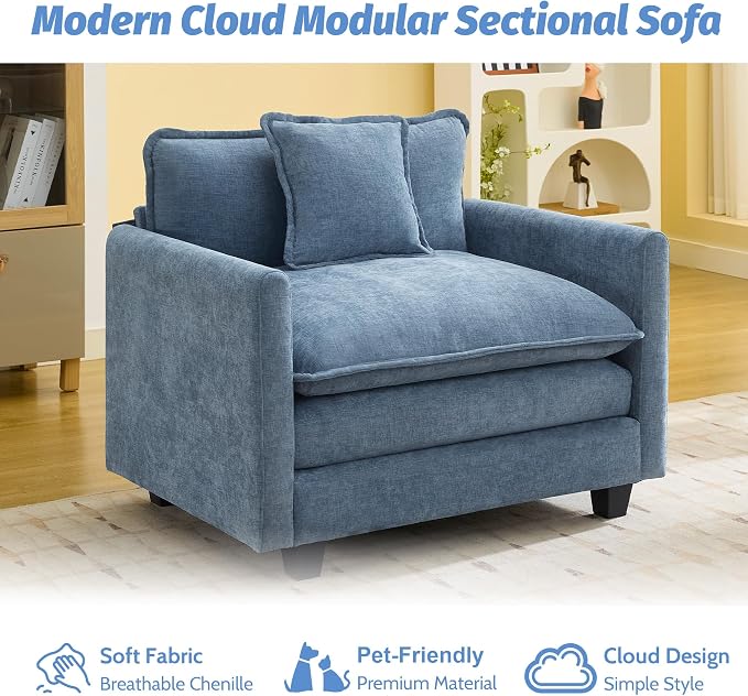 WUTUTUEE 41'' Modern Chenille Oversized Chair, Upholstered Accent Living Room Chair with Extra Thicked Deep Seat, Single Lounge Chair for Bedroom, Small Apartment, Blue
