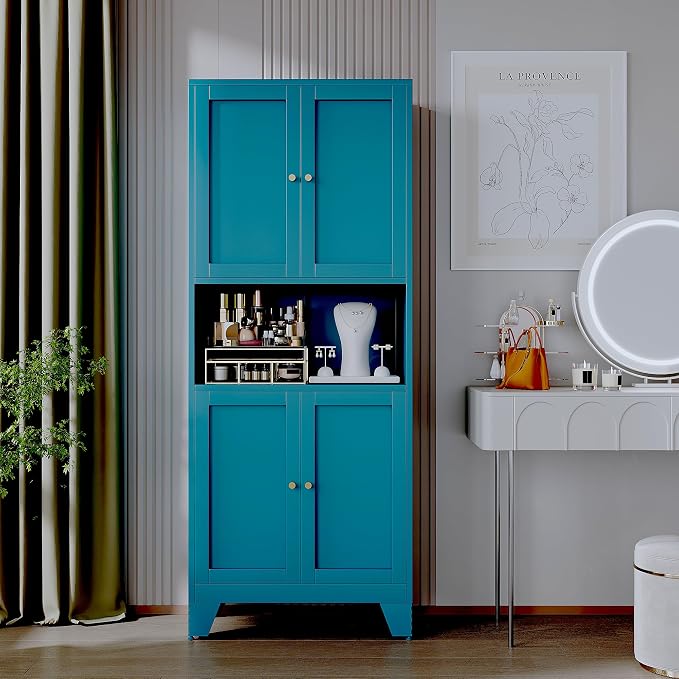 69" Tall Metal Pantry Cabinet with Microwave Stand,Microwave Storage Cabinet with 4 Doors & 3 Adjustable Shelves for Kitchen (4doors-Blue, 13.78" D x 27.54" W x 68.9" H)