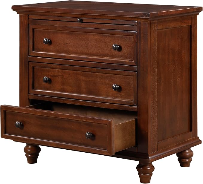 Merax Wood Nightstand with 3 Storage Drawers, Bedside End Table with Pull Out Tray, Brown (No Guide Rails)