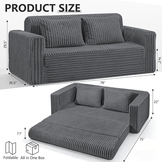 HABUTWAY 78" Loveseat Boneless Couch, 4-in-1 Convertible Sofa Bed, Plush Fur Folding Futon Sofa Bed Couches with 2 Pillows for Living Room, High-Density Foam Support, No Assembly Required, Grey