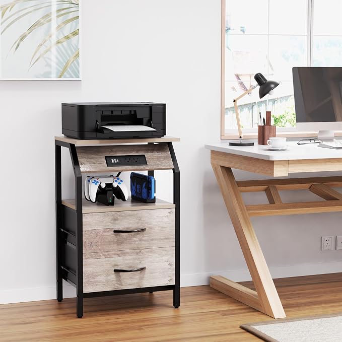 SZLHANJZ Storage End Table, Charging Nightstand with 2 Drawers, Small Fabric Night Stand for Bedside, Wood and Metal Side Table for Living Room, Dorm, Grey Oak