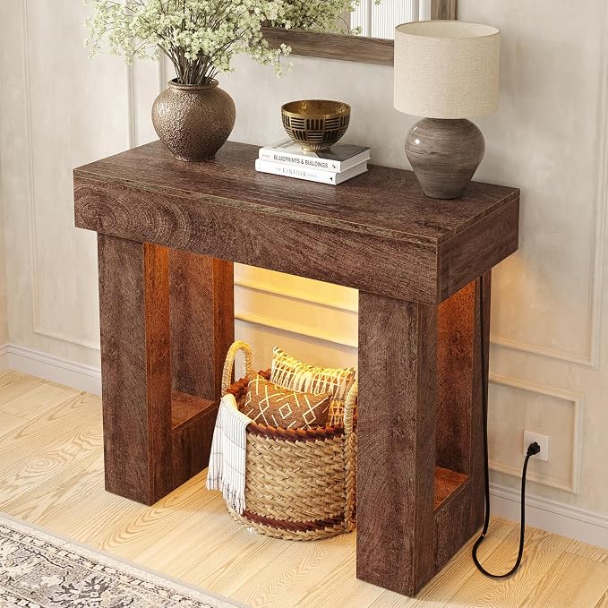Unikito 39" Entryway Table with Socket and Sensor Light, Narrow Console Table with Storage Behind Couch, Farmhouse Entryway Table for Hallway, Behind the Couch, Living Room, Foyer, Rustic Oak