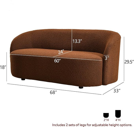 KINWELL 68" Boucle Upholstered Loveseat Sofa with Set of 2 Swivel Barrel Accent Chairs, Minimalist Comfy 2-Seater Couch and 2 Sherpa Armchairs for Small Spaces Apartment, Brown