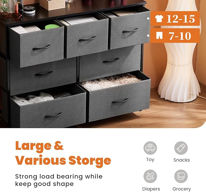 Sweetcrispy 7 Drawer Dresser Storage Organizer with Fabric Bins, Grey | Sturdy Steel Frame and Wood Top, Easy Pull Handles, for Bedroom Closet Hallway Entryway