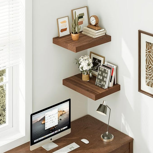 Vivelove Rustic Floating Shelves for Wall 12 Inch Deep, 16" X 12" X 1.5" Floating Shelf, 2 Inch Thick Shelf for Living Room Bathroom Bedroom Kitchen Office, Rustic Farmhouse Decor Set of 2, Walnut