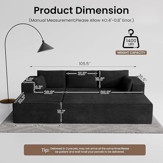 GRUSIGN 106" Oversized Sectional Boneless Sleeper Sofa Bed Couches for Living Room, Modular L Shaped Couch with Left Facing Chaise & Big Ottoman, Compressed Spineless Corduroy Cloud Sofas, Black