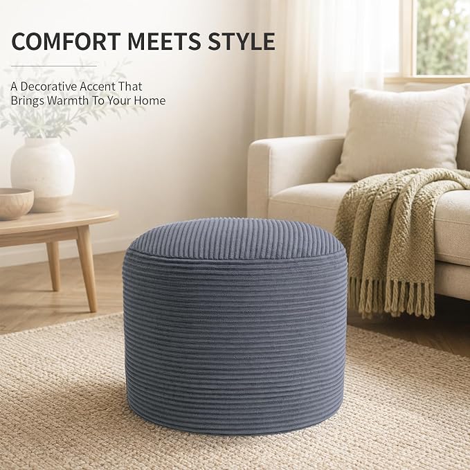 Stuffed Pouf Ottoman Foot Rest with 2.8-inch Solid Foam Base | Odorless Filling Resists Clumping, Washable Corduroy Cover, Round Foot Stool for Living Room Couch Lounging and Home Decor