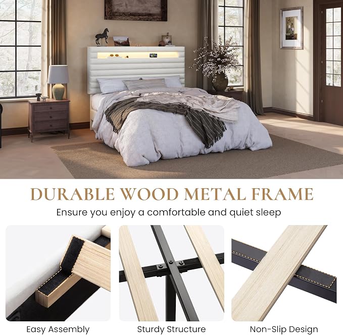 SHA CERLIN Full Bed Frame with LED Light & 2-Tier Storage Shelf, Velvet Upholstered Adjustable Headboard with Charing Station, Horizontal Channel Tufted, No Box Spring Needed, Easy Assembly, White