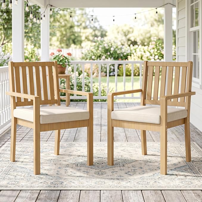 FansaFurn Acacia Patio Dining Chairs Set of 2, Outdoor Wood Chairs with Thick Cushions, Modern Patio Seating for Backyard, Porch, Garden, Indoor Use, Beige
