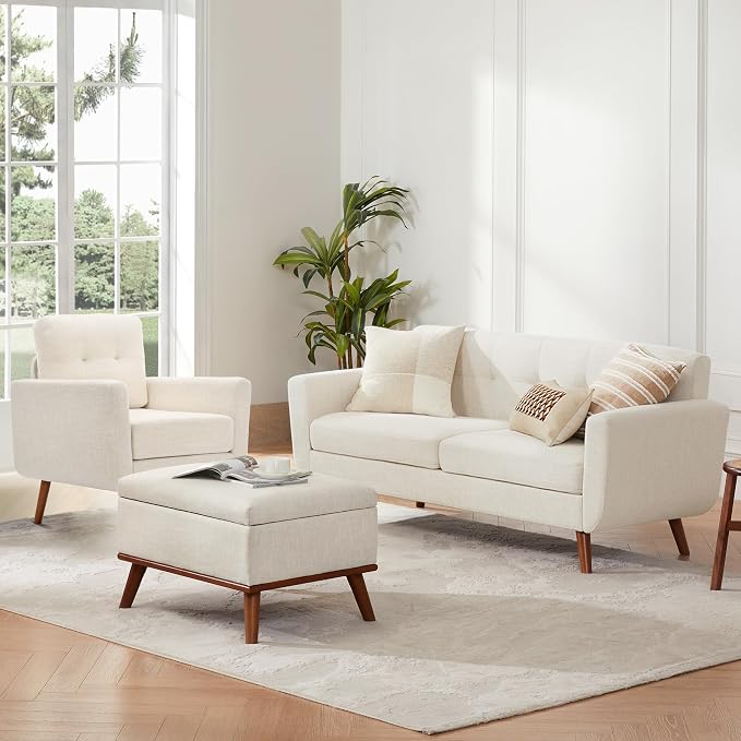 Tbfit Linen Fabric Single Sofa, Accent Chair, Mid Century Modern Armchair for Living Room, Bedroom Button Tufted Upholstered Comfy Reading Sofas, Beige