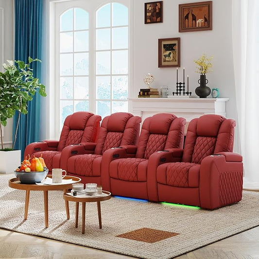 Weilianda Home Theater Seating Top Grain Leather Zero Gravity Recliner Chair Power Headrest Recline Movie Seat Gaming 7 Colors Mood Light Sofa with Tray Table USB Charge Row of 3 Red
