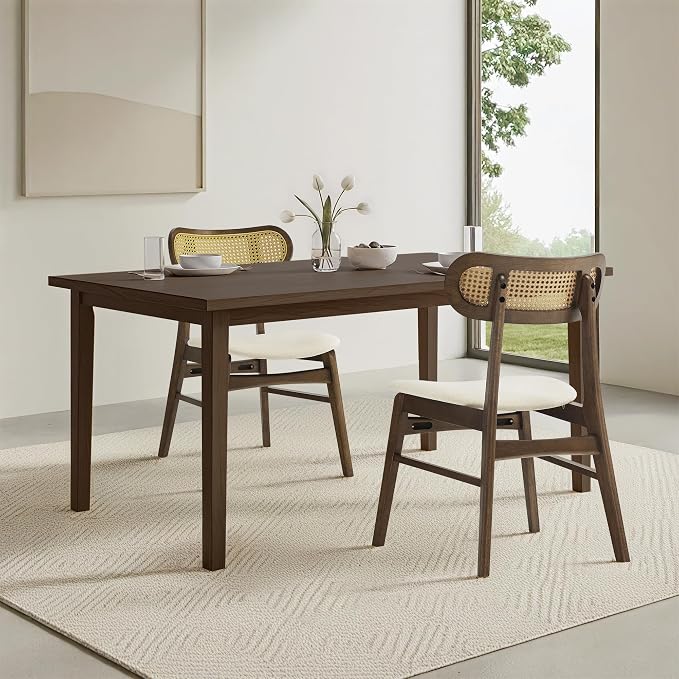 KISLOT Rattan Dining Chairs Set of 6, Upholstered Modern Dining Room Chairs, Mid Century Oak Wood Kitchen Chairs with Rattan Backrest for Farmhouse, Restaurant, Cafรฉ (Cream Fabric & Walnut Color)