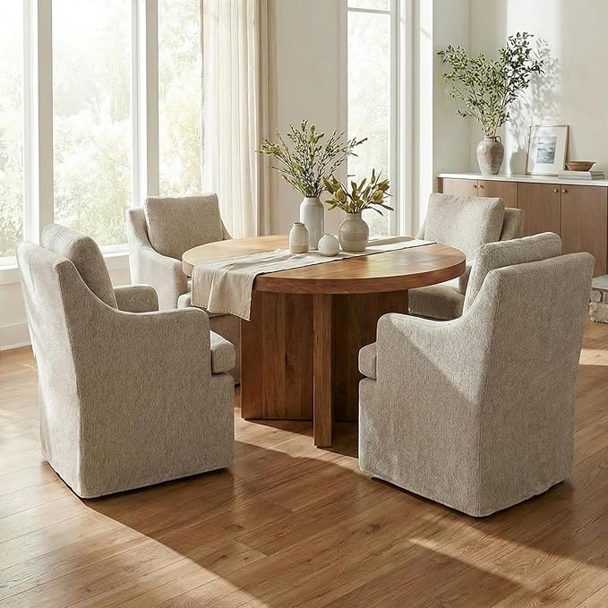 VKNOW Upholstered Dining Chairs Set of 2, Modern Kitchen Chairs Dinner Chairs with 4 Casters, Chenille Armchair for Bedroom Reading Room Living Room, Brown