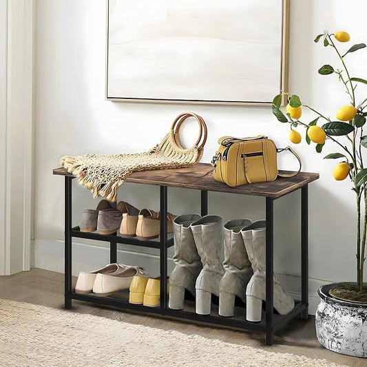 Shoe Rack Bench for Entryway 3-Tier, Free Standing Shoe Racks, Narrow Shoe Rack Shoe Storage Shelf with Boot Organizer, Rustic Shoe Rack for Small Spacesh with Wood Bench