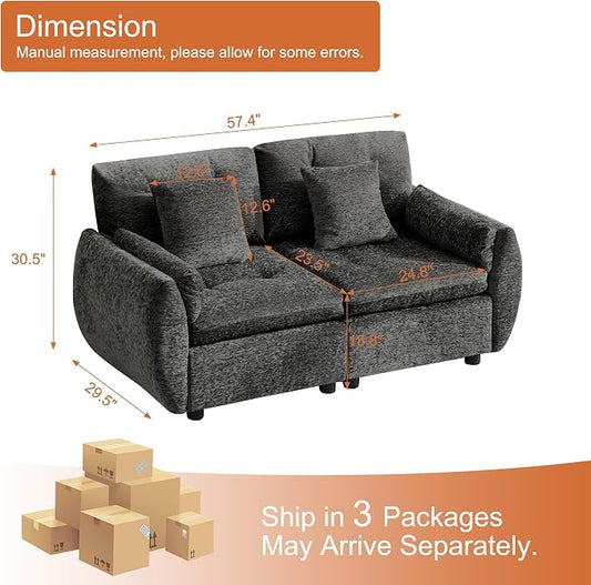 57" Modular Loveseat Cloud Sofa, Deep Seat Tufted Chenille Sectional Love Seat Couch with Curved Arms, 2-Seater Couches for Living Room, Dark Grey
