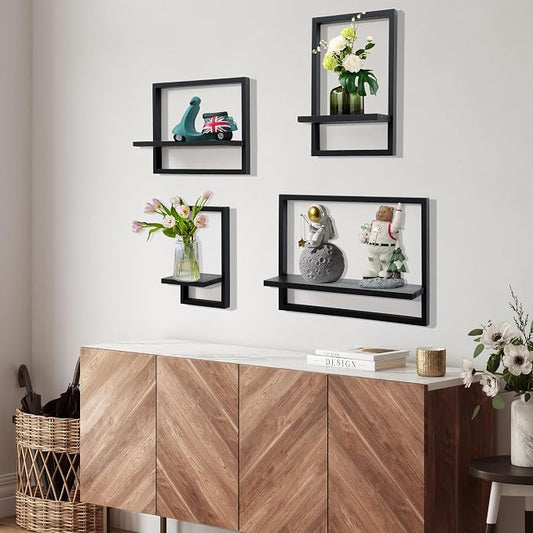 PHOENANCEE Square Floating Shelves,Framed Wall Shelf Decorative Set of 4,Modern Plants Hanging Display Art Decor Storage for Livingroom Bedroom Bathroom Farmhouse,Home Light Wood,Rustic Black
