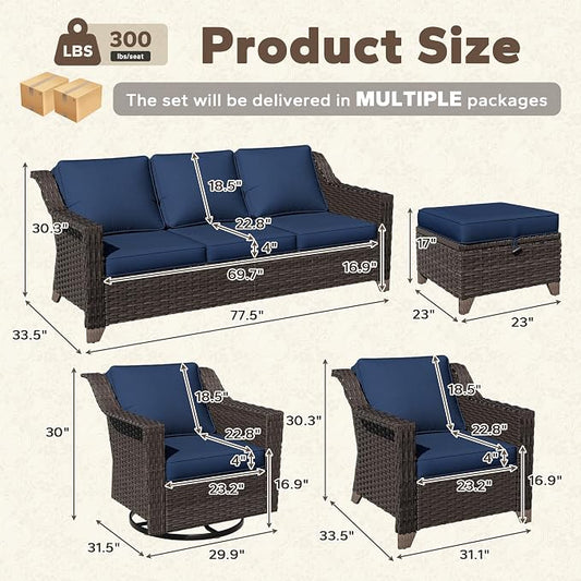 7 Pieces Patio Conversation Furniture Set - 1 Sofa, 2 Armchairs, 2 Ottomans, 2 Swivel Chairs, Outdoor Wicker Furniture with Removable Cushions for Porch, Balcony, Sunroom (Blue)