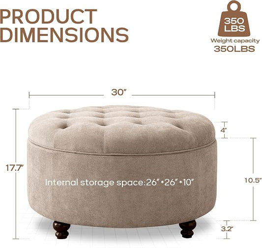 HUIMO 30-Inch Round Storage Ottoman, Modern Button Tufted Coffee Table with Removable Top, Upholstered Ottoman with Storage Footrest Stool for Living Room, Bedroom and Office(Brown)