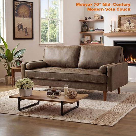 70" Mid-Century Modern Sofa Couch – Faux Leather Loveseat Sofa with Deep Seat & Solid Wood Frame – Includes 2 Accent Pillows –Dark Brown Living Room Bedroom Office