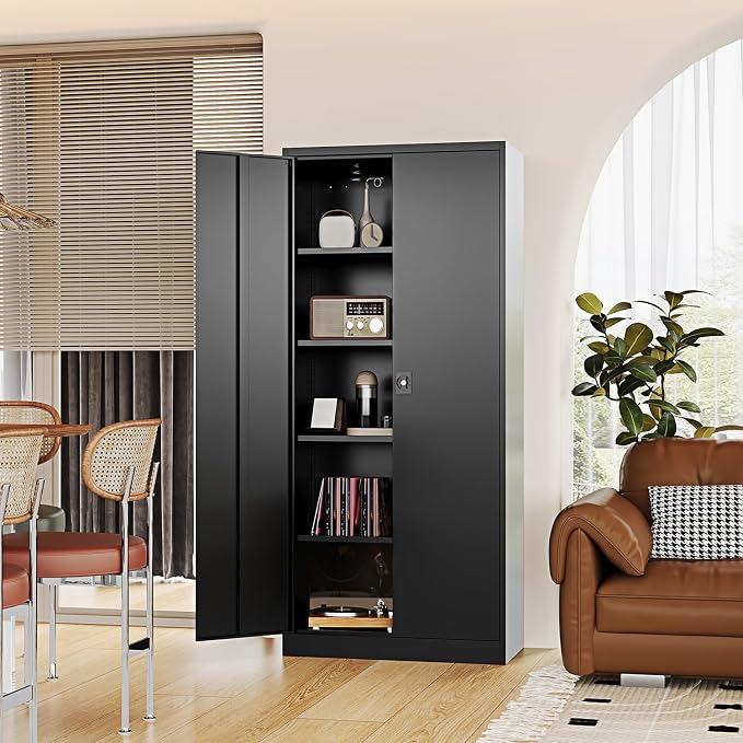Fesbos Metal Storage Cabinet-72” Black Tall Steel File Cabinets with Lockable Doors and Adjustable Shelves-Black Steel Storage Cabinet for Kitchen, Office, Garage