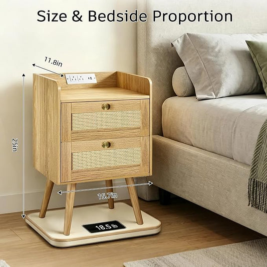 Nightstand with Charging Station, 2 Drawers, Boho Style Rattan Decor Bedside Table, Solid Wood Legs, Open Storage End Table for Bedroom, Small Spaces and Dorm, Natural
