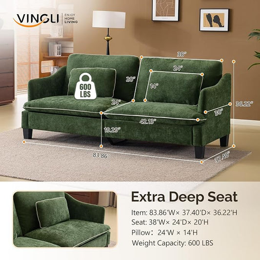 VINGLI 84" Extra Deep Seat Sofa Couch, 3 Seater Upholstered Living Room Couches with 2 Piped Seater Cushions, Throw Pillows, Modern Linen Velvet Fabric Sofa for Apartment Bedroom Office