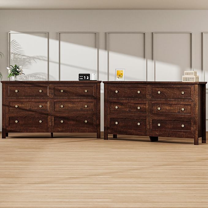 Farmhouse Dresser Nightstand Sets, 2-Piece Bedroom Furniture Set for Home | 6 Drawer Dresser Closet set of 2, Chest of Drawers for Bedroom, Living Room, Entryway, Dark Brown