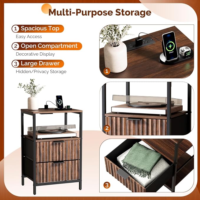VINGLI Nightstands Set of 2 with Fabric Drawers, Walnut Nightstand with Charging Station, Night Stands Fluted Bedside Tables/End Tables with Charger Station, Side Table Bedroom, Small Night Stand