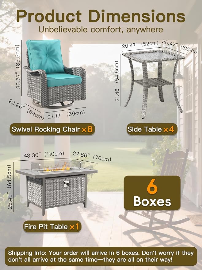13-Piece Outdoor Conversation Set with 43" Fire Pit Table, 8 Swivel Rocking Chairs (4" Cushions) & 4 Side Tables, All-Weather PE Rattan & Steel Frame for Porch, Deck, Backyard, Turquoise