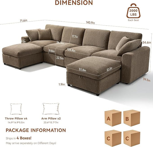 Ihanherry 141" Oversized Cloud Sectional Couches for Living Room, Modular Sectional Sofa with Wide Deep Seat, U Shaped Couch with Throw Pillow and Storage Ottoman, Beige