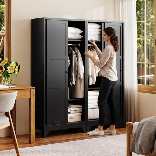 Letaya Armoire Wardrobe Closet,20" Deep Armoire Wardrobe Cabinets with Sliding Doors and Shelves,Narrow Slim Coat Closet Cabinet with Hanging Rod for Home(Black)