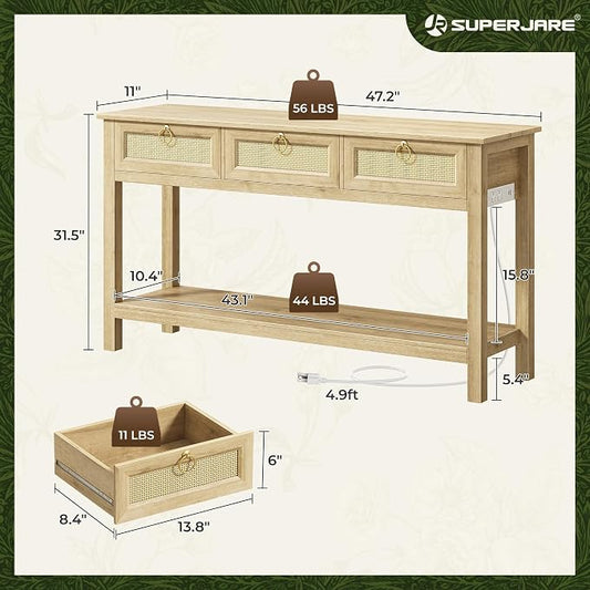 SUPERJARE Rattan Console Sofa Table with Outlets and USB-C Port, 3 Drawer Entryway Table with Synthetic Rattan Surface, Open Shelf, Behind Couch Entry Foyer Hallway Storage, Natural